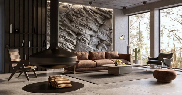 Natural Mountain Rock Wall Modern Living Room Interior Render — Zdjęcie stockowe