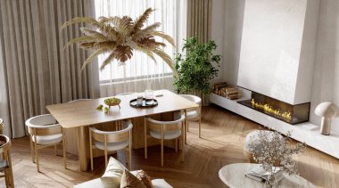 Modern ahşap mutfağı olan açık planlı oturma odası. 