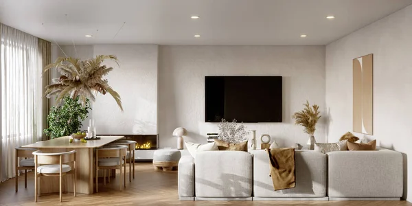 Open plan living room interior with modern wood kitchen, 3d render
