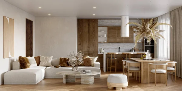 Open plan living room interior with modern wood kitchen, 3d render