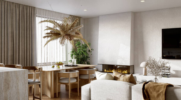 Open plan living room interior with modern wood kitchen, 3d render 