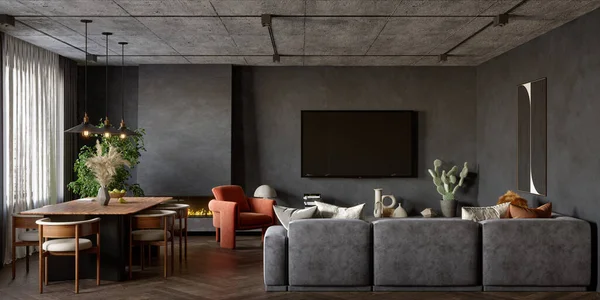 Open plan living room interior with dark walls, 3d render