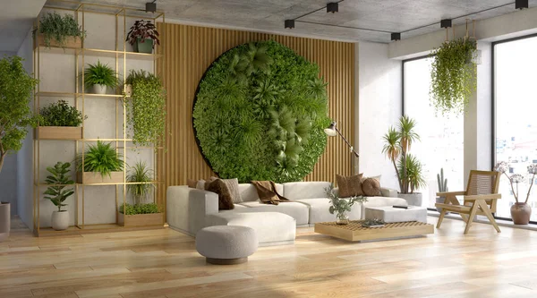Mur Vertical Vert Dans Salon Intérieur Rendu — Photo