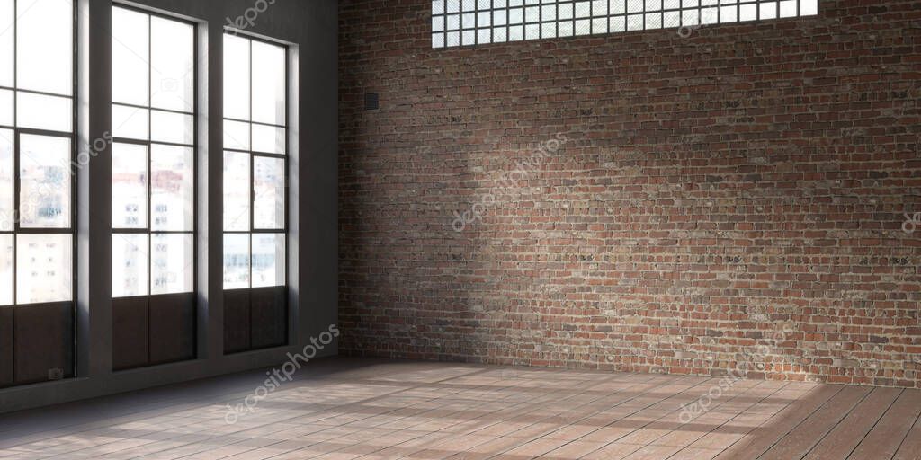 Industrial grunge interior with old brick walls. Loft style, interior mockup, 3d render 