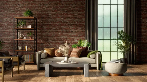 Home Interior Mock Cozy Sofa Brick Wall Background Render — Stock Photo, Image