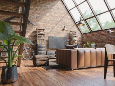 Industrial Style Loft Apartment with indoor balcony, 3d render clipart