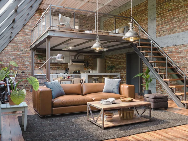 Industrial Style Loft Apartament Balkonem Wewnątrz Renderowania — Zdjęcie stockowe