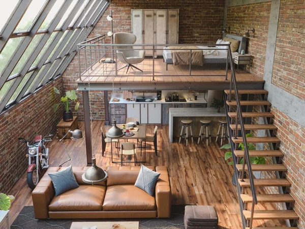 Appartamento Loft Stile Industriale Con Balcone Interno Rendering — Foto Stock