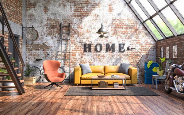 Industrial Style Interior Design Grunge Walls Loft Style Render — Stockfoto