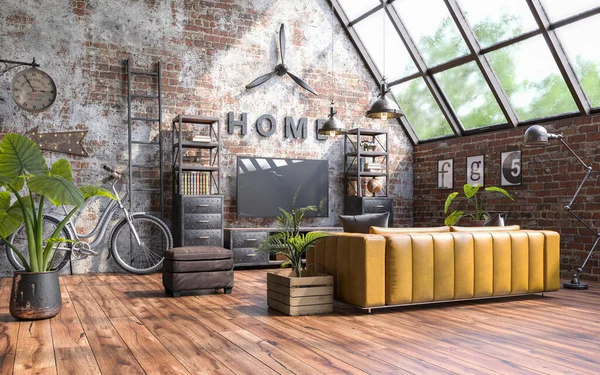 Industrial Style Interior Design Grunge Walls Loft Style Render — kuvapankkivalokuva