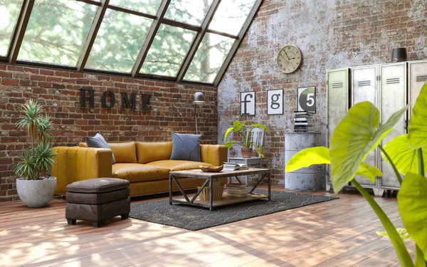 Industrial Style Interior Design Grunge Walls Loft Style Render — стоковое фото