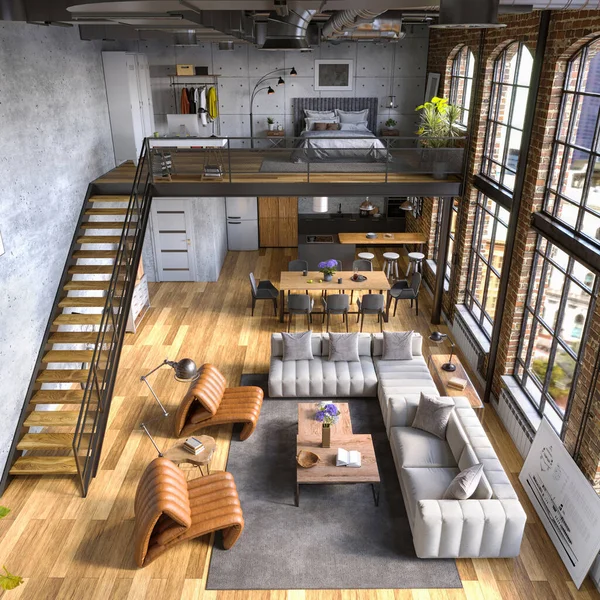 Industrial Style Loft Apartment with arch windows and indoor balcony, 3d render