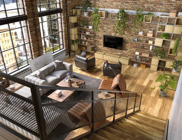 Industrial Style Loft Apartment with arch windows and indoor balcony, 3d render