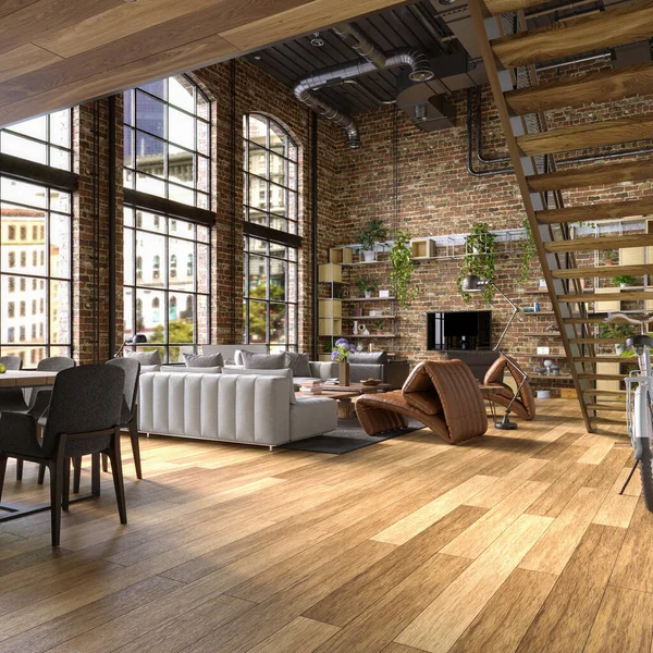 Industrial Style Loft Apartment Arch Windows Indoor Balcony Render — Stockfoto