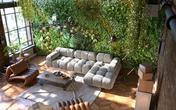 Industrial Style Living Room Design Green Wall Render — Stock Photo, Image
