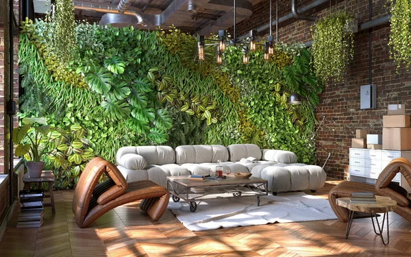 Style Industriel Conception Salon Avec Mur Vert Rendu — Photo