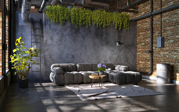 Industrial style of dark living room interior, 3d render
