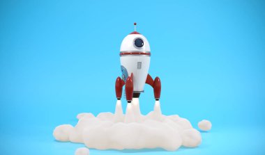 Mavi arkaplanda roket fırlatılıyor, 3D görüntüleme