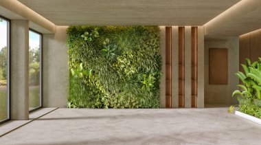 Oturma odasının iç kısmında dikey yeşil duvar, 3D görüntüleme