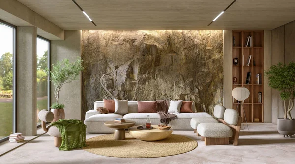 Natural Mountain Rock Wall in modern living room interior, 3d render