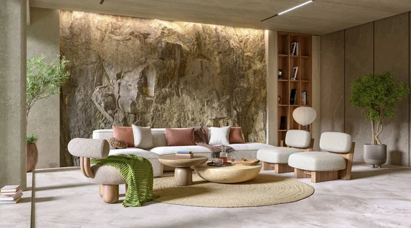 Natural Mountain Rock Wall in modern living room interior, 3d render