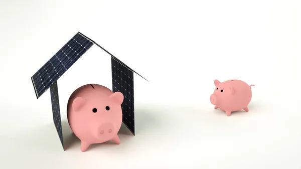 Beyaz arka planda fotovoltaik güneş paneli ve kumbarası olan bir ev. Tasarruf Konsepti. Beyaz arkaplan 3d resimli Mavi Güneş Panelleri ile Piggy Bank