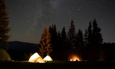 Astrofotoğrafçılık. Gece kampı. Parlak yanan şenlik ateşi ve aydınlatılmış turist çadırları. Turistler Samanyolu 'nun altındaki ormanda çadır kurar.