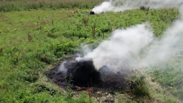 Вид Повітря Суха Трава Горить Полі Вогонь Дим Буша Полі — стокове відео