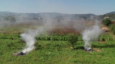 Hava görüntüsü. Sahada kuru çim yanıkları var. Çayır Tarlasında Çalı Ateşi ve Duman. Dünya Ekolojik Sorunları Hava Kirliliği. 