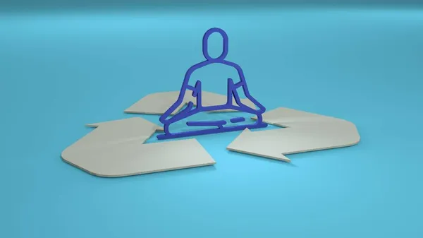 Yoga man sitting, thinking and shining. 3d rendered yoga symbol. Yoga logo. Yoga lotus position, asana meditation, mindfulness, zen.