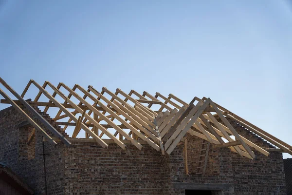 Plan Panoramique Construction Une Maison Bois Dans Forêt Montagne — Photo