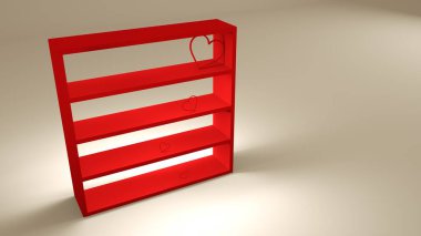 Bookshelves with hearts. Closeup of empty old vintage bookshelf.  love reading concept, 3d rendering