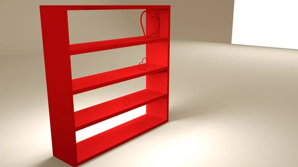 Bookshelves with hearts. Closeup of empty old vintage bookshelf.  love reading concept, 3d rendering