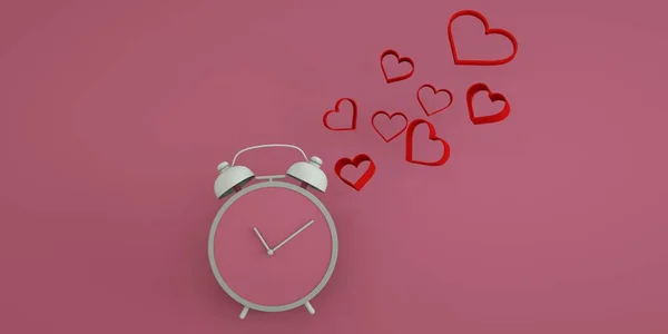 Pink alarm clock with red hearts on pink background paper style 3d render