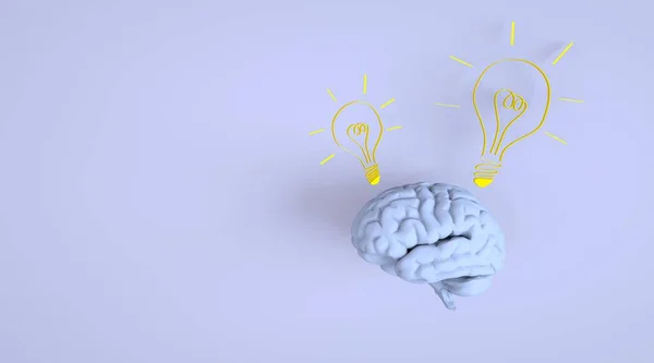 Beyinde doğup büyüyen bir fikir. Beyinde iş fikri. Kağıt stili ampul ve beyin mavi arka planda izole edilmiş. İş büyümesi konsepti. 3d hazırlayıcı
