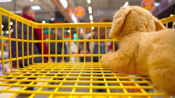 Orang Orang Dengan Keranjang Belanja Kuning Kosong Lorong Supermarket Dengan — Stok Video