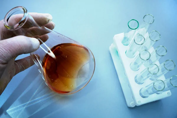 Close View Transparent Glass Test Tubes Biological Research Isolated Blue — Stock fotografie