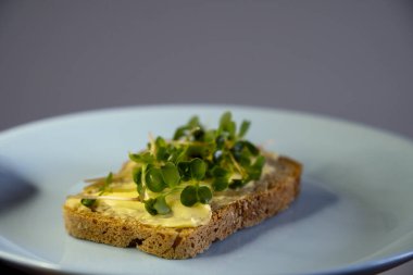 Kahvaltı için sandviç hazırla. Mavi tabakta mikro yeşillikli sandviçler ahşap arka planda lezzetli ve taze organik gıdalar sağlıklı kahvaltı konsepti