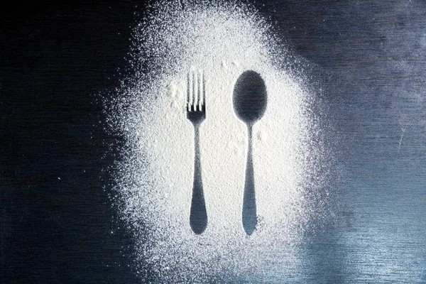 Top View Spoon Fork Silhouette Made Flour Dark Background Fork — Stock Photo, Image