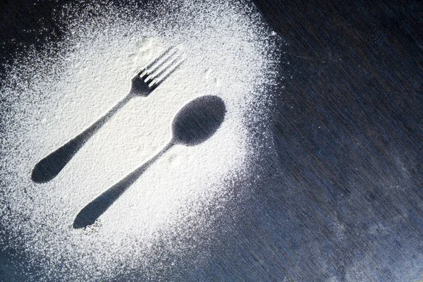 Top View Spoon Fork Silhouette Made Flour Dark Background Fork — Stock Photo, Image