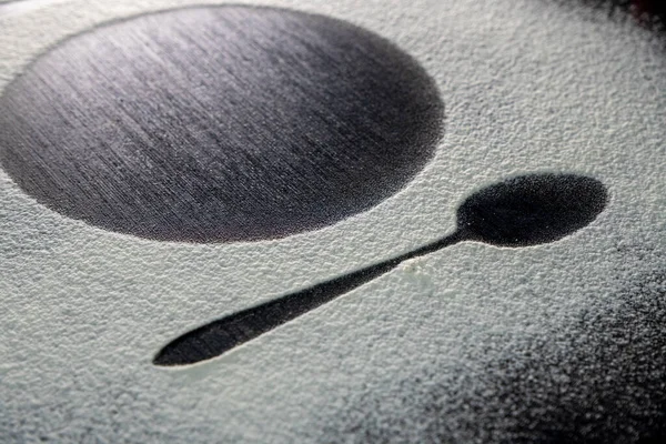 Top View Spoon Fork Silhouette Made Flour Egg Dark Background — Stockfoto