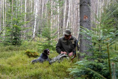 Orta yaşlı erkek avcı ve av köpeği Karpatya ormanında