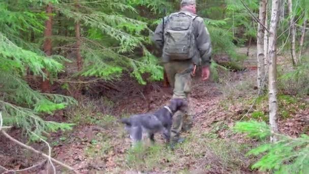 Footage Middle Aged Male Hunter His Dog Carpathian Forest Ukraine — Stock Video