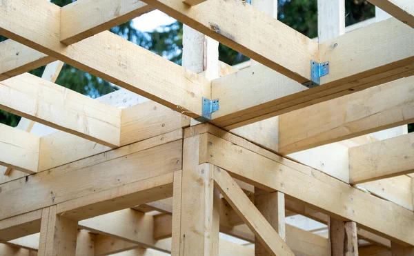 Construction Une Maison Bois Dans Forêt Montagne — Photo