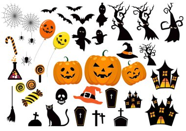 Bir sürü şirin Cadılar Bayramı ikonu. Beyaz arka planda Cadılar Bayramı siluetleri. Beyaz arka planda web geçmişleri, tasarım unsurları, logolar, rozetler, etiketler için çizimler. İyi tatiller...