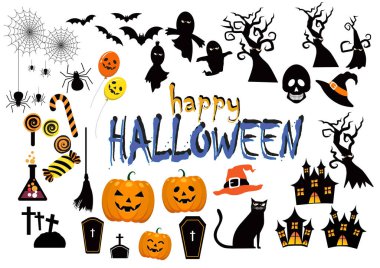 Çeşitli şirin ikonlar. Beyaz arka planda Cadılar Bayramı siluetleri. Beyaz arka planda web geçmişleri, tasarım unsurları, logolar, rozetler, etiketler için çizimler. Mutlu Cadılar Bayramı metni ile. 