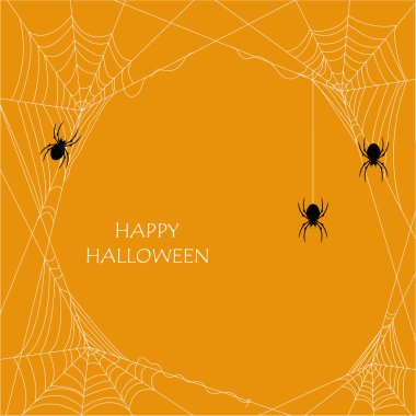 Mutlu Cadılar Bayramı. Siyah siluet örümceği. Ve turuncu arka planda örümcek ağı. Mutlu Cadılar Bayramı konsepti için web geçmişleri, tasarım unsurları, logolar, rozetler, etiketler