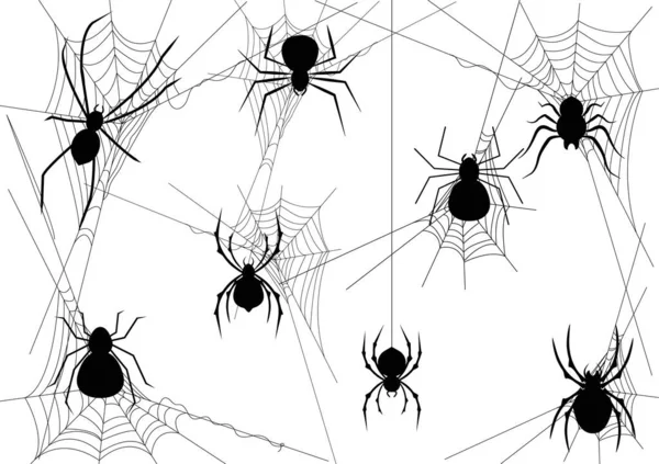 Siyah siluet örümcek ikonu seti izole edildi. ve beyaz arkaplanda örümcek ağı. Mutlu Cadılar Bayramı konsepti için web geçmişleri, tasarım unsurları, logolar, rozetler, etiketler.. 