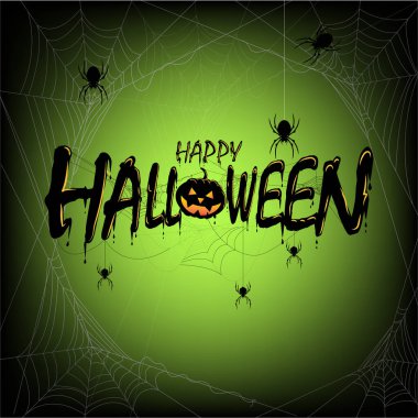 Mutlu Cadılar Bayramı Mesajı Banner, siyah siluet ve yeşil arka planda örümcek ağı. Mutlu Cadılar Bayramı konsepti için web geçmişleri, tasarım unsurları, logolar, rozetler, etiketler