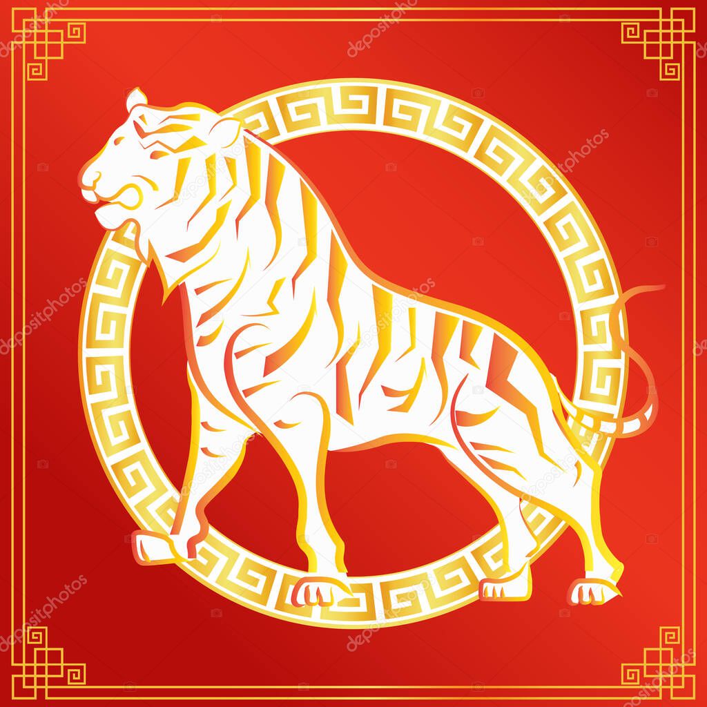 Tiger in Chinese golden circle frame on a red background. the New Year 2022. Year of Tiger. Chinese frame The classic pattern. for greetings card, invitation, posters, brochure, banners, calendar.